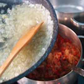 add fried vegetables to caviar